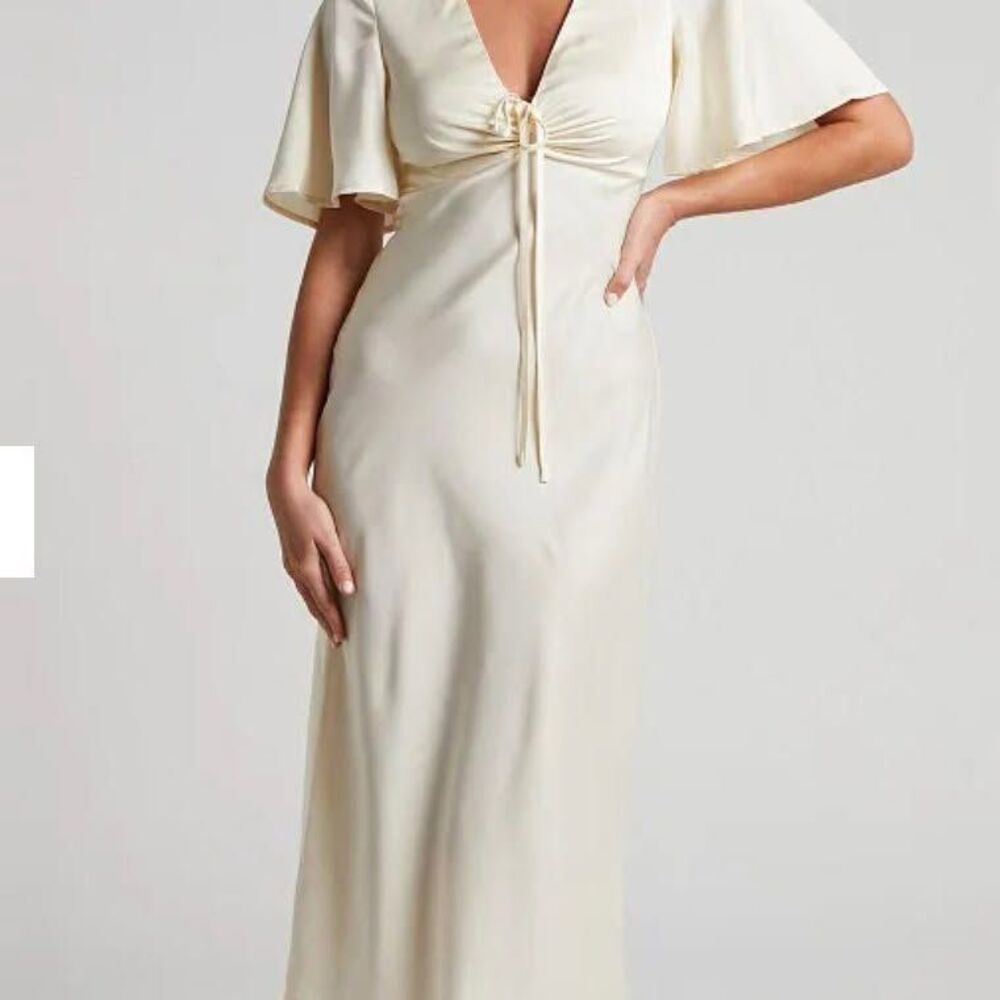 Showpo satin cream low neck bell sleeve midi dress